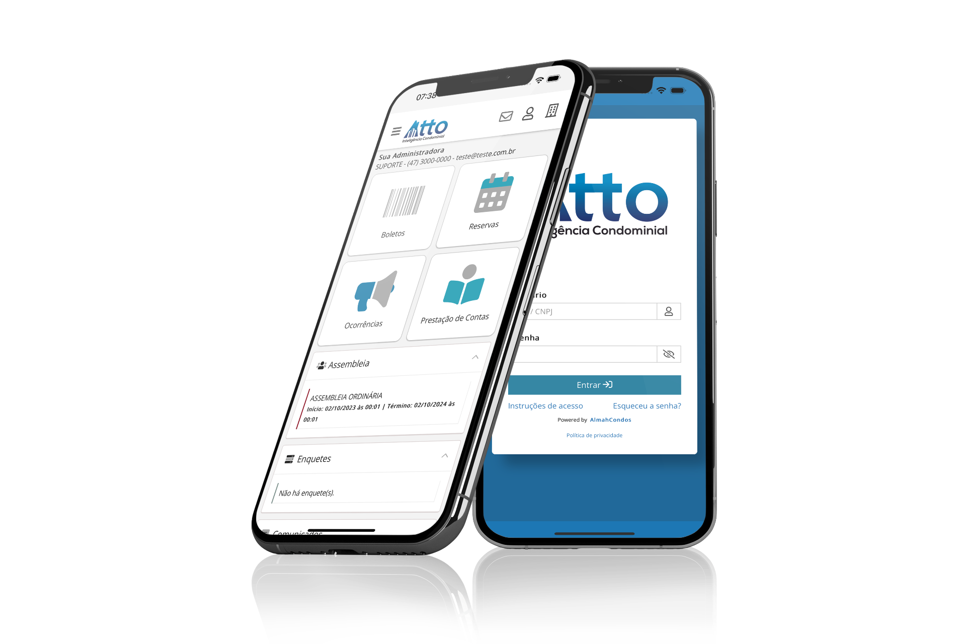 Aplicativo Atto Inteligência Condominial em dois iPhones