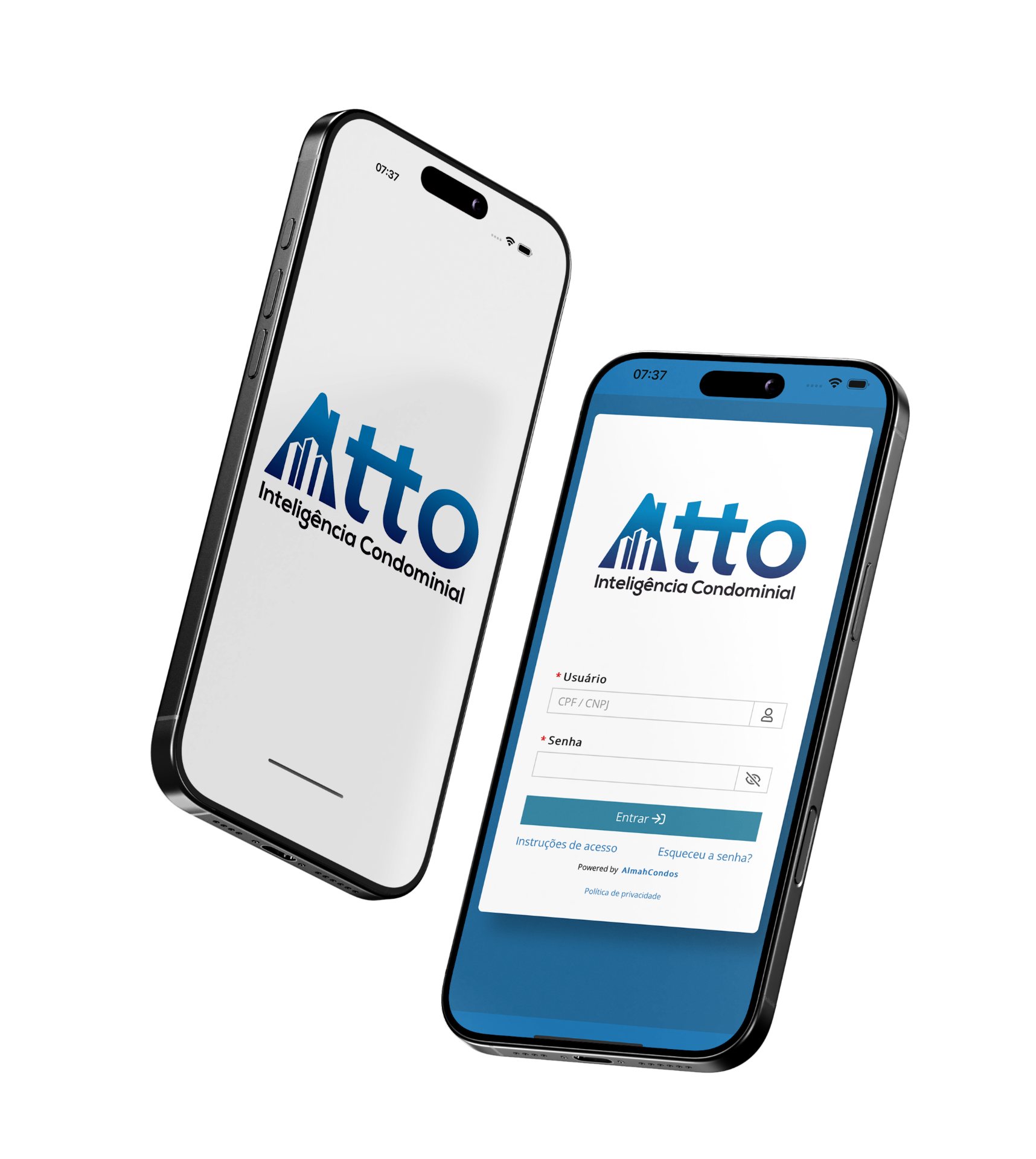 Aplicativo Atto Inteligência Condominial em dois iPhones